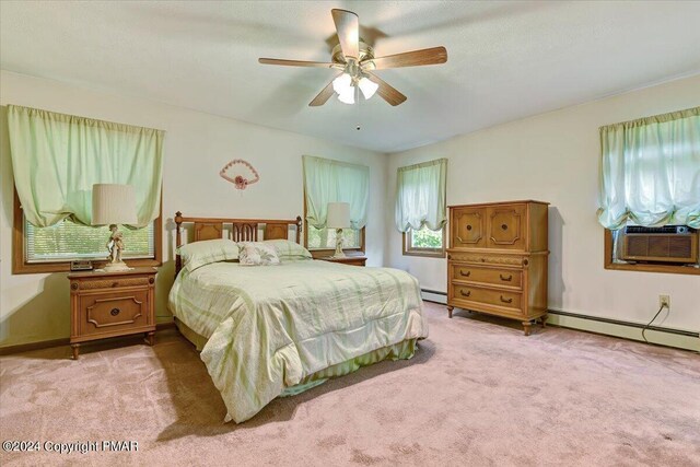 bedroom featuring light carpet, multiple windows, and cooling unit