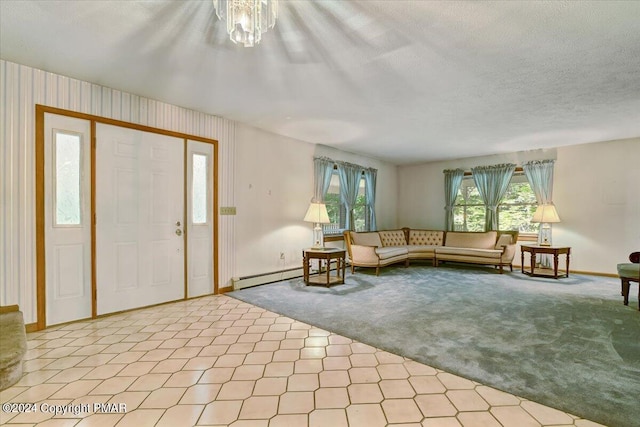 unfurnished living room featuring carpet, a notable chandelier, a baseboard radiator, a textured ceiling, and baseboards