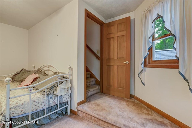 carpeted bedroom featuring baseboards and a textured ceiling