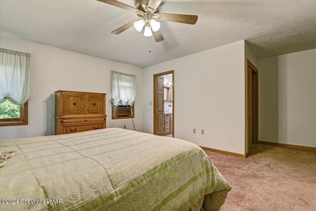 bedroom with light carpet, multiple windows, a textured ceiling, and baseboards