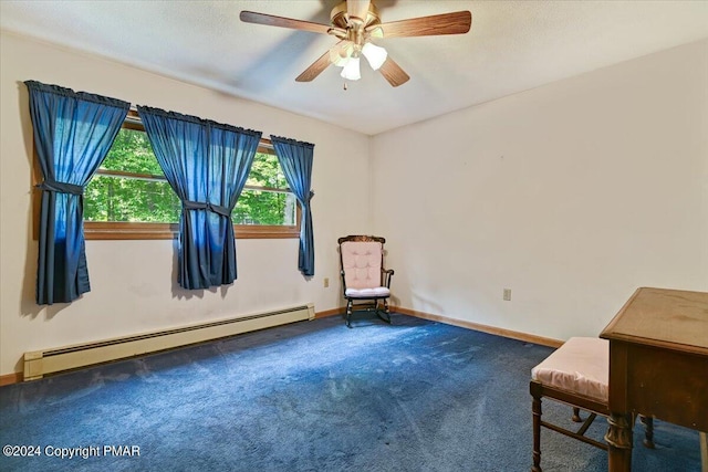 unfurnished room featuring baseboards, a ceiling fan, baseboard heating, a textured ceiling, and carpet flooring