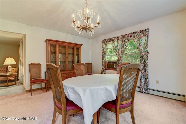 dining room featuring light carpet, a baseboard radiator, cooling unit, and an inviting chandelier