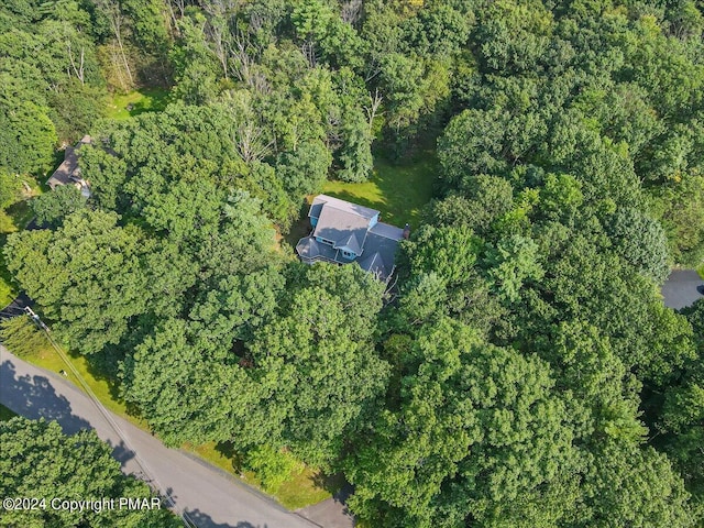 birds eye view of property featuring a forest view