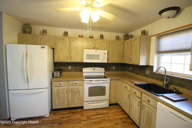 kitchen with sink, white appliances, dark wood-type flooring, backsplash, and light brown cabinets