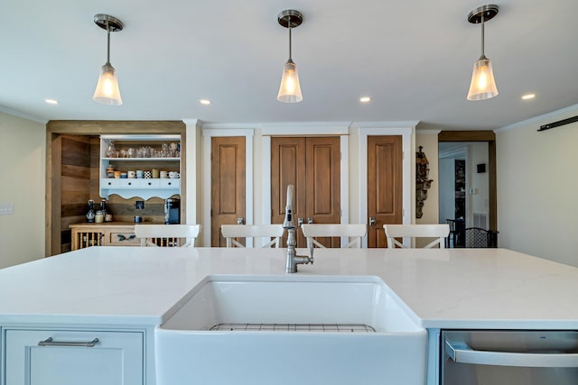 5126 Beattys Cir, Buck Hill Falls, PA 18323 - kitchen featuring stainless steel dishwasher, ornamental molding, recessed lighting, light stone counters, and pendant lighting