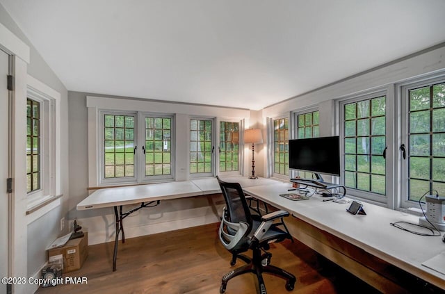 5126 Beattys Cir, Buck Hill Falls, PA 18323 - home office with wood finished floors, built in study area, and lofted ceiling