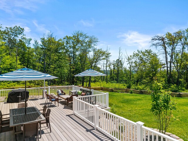 5126 Beattys Cir, Buck Hill Falls, PA 18323 - wooden deck with a yard, outdoor dining area, grilling area, and an outdoor hangout area