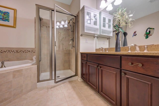 1218 Clymer Ln, Pocono Pines, PA 18350 - full bathroom with vanity, tile patterned flooring, a shower stall, a bath, and a chandelier