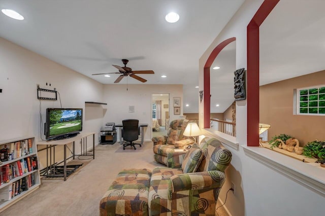 1218 Clymer Ln, Pocono Pines, PA 18350 - carpeted living room featuring an office area, a ceiling fan, and recessed lighting