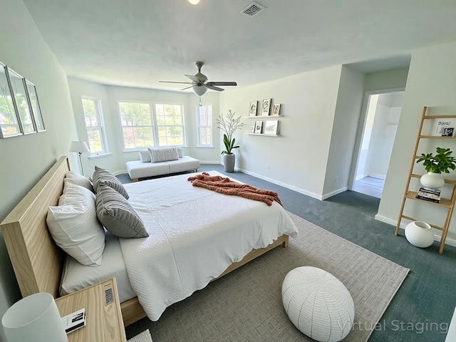 130 Sugar Hill Rd, Saylorsburg, PA 18353 - bedroom featuring dark carpet, baseboards, and a ceiling fan