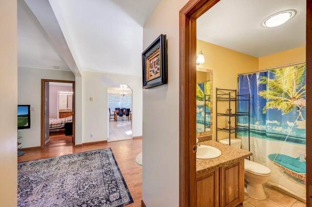 295 Wyomissing Dr, Pocono Lake, PA 18347 - bathroom with vanity, wood finished floors, and a shower with curtain