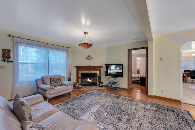 295 Wyomissing Dr, Pocono Lake, PA 18347 - living area featuring plenty of natural light, arched walkways, a glass covered fireplace, and wood finished floors