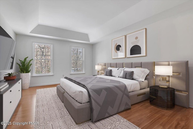 bedroom with a raised ceiling and light hardwood / wood-style floors