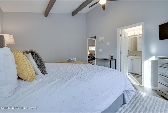 3126 Snowden Dr, Bushkill, PA 18324 - bedroom with beam ceiling, ensuite bathroom, ceiling fan, light wood-style floors, and high vaulted ceiling
