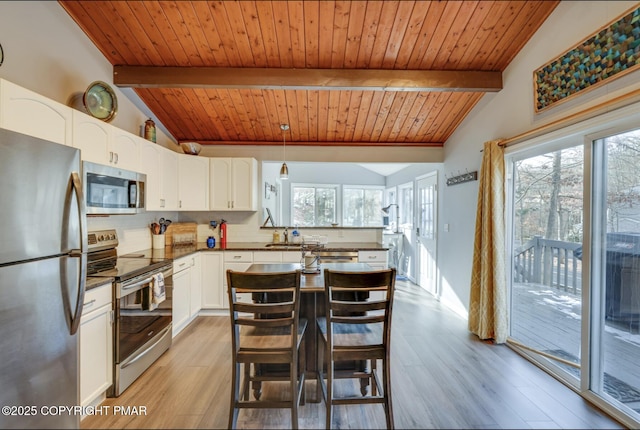 3126 Snowden Dr, Bushkill, PA 18324 - kitchen with appliances with stainless steel finishes, dark countertops, light wood finished floors, white cabinetry, and wood ceiling