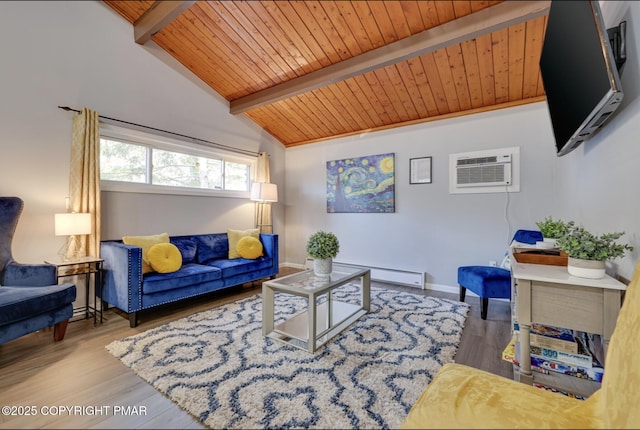 3126 Snowden Dr, Bushkill, PA 18324 - living area with a wall unit AC, a baseboard radiator, wooden ceiling, and wood finished floors