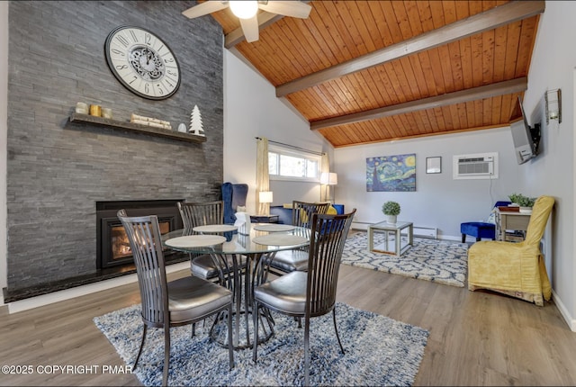 3126 Snowden Dr, Bushkill, PA 18324 - dining room featuring a wall unit AC, ceiling fan, high vaulted ceiling, wood finished floors, and a wooden ceiling with exposed beams