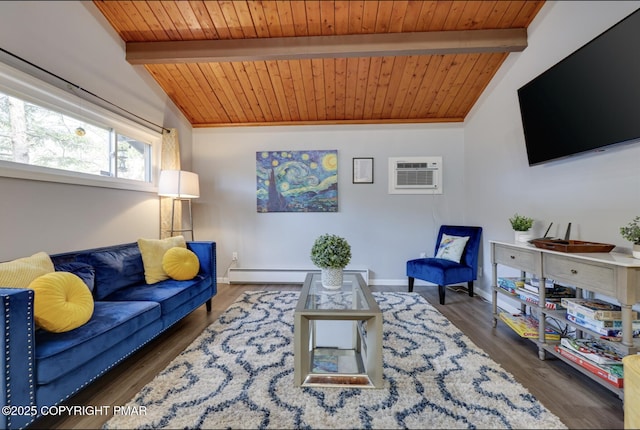 3126 Snowden Dr, Bushkill, PA 18324 - living room featuring a wall unit AC, wooden ceiling, wood finished floors, and a baseboard radiator