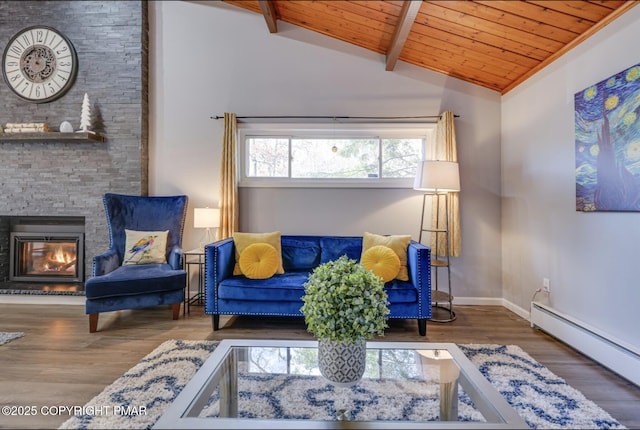 3126 Snowden Dr, Bushkill, PA 18324 - living area featuring a baseboard radiator, wood finished floors, a wooden ceiling with exposed beams, a fireplace, and high vaulted ceiling