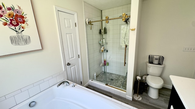 2292 Bismark Rd, Blakeslee, PA 18610 - bathroom featuring toilet, vanity, a garden tub, and a stall shower