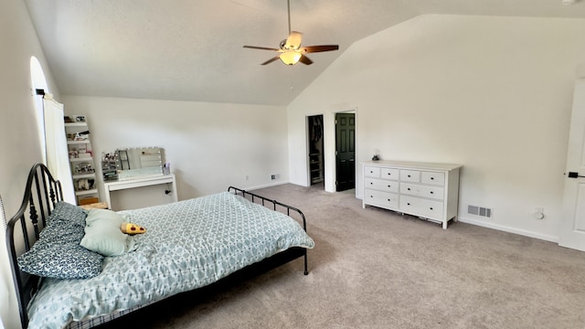 2292 Bismark Rd, Blakeslee, PA 18610 - bedroom with carpet, high vaulted ceiling, baseboards, and a ceiling fan