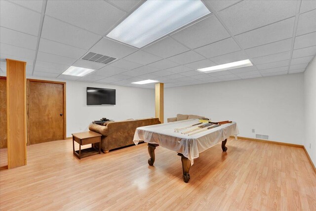 96 Wolf Hollow Rd, Lake Harmony, PA 18624 - rec room with light wood-style flooring, billiards table, and a paneled ceiling