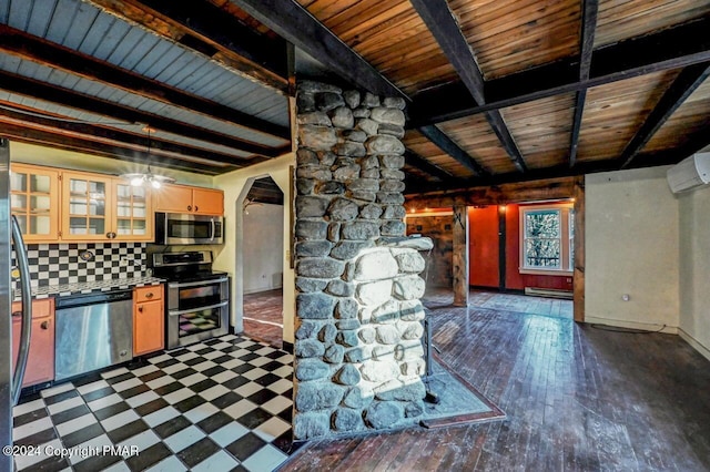 kitchen featuring arched walkways, a baseboard heating unit, stainless steel appliances, beam ceiling, and tasteful backsplash