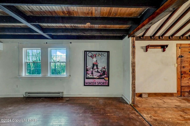 interior space with baseboard heating, wood-type flooring, wooden ceiling, and baseboards