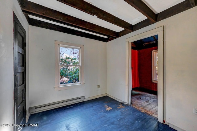 unfurnished room featuring a baseboard heating unit and beam ceiling