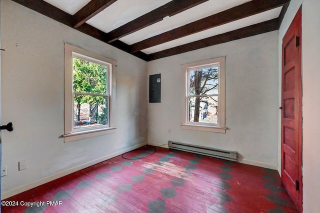 spare room featuring a baseboard radiator, beamed ceiling, baseboards, and hardwood / wood-style flooring