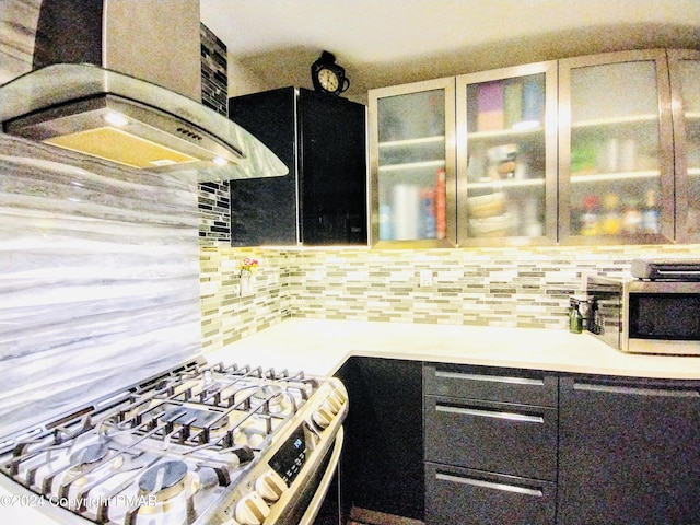 kitchen with ventilation hood, stainless steel appliances, and decorative backsplash