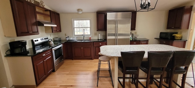 kitchen with a breakfast bar area, under cabinet range hood, a sink, appliances with stainless steel finishes, and light wood finished floors