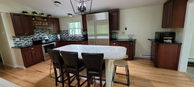 139 Eliot Ln, Albrightsville, PA 18210 - kitchen with appliances with stainless steel finishes, a baseboard heating unit, under cabinet range hood, light wood-type flooring, and backsplash