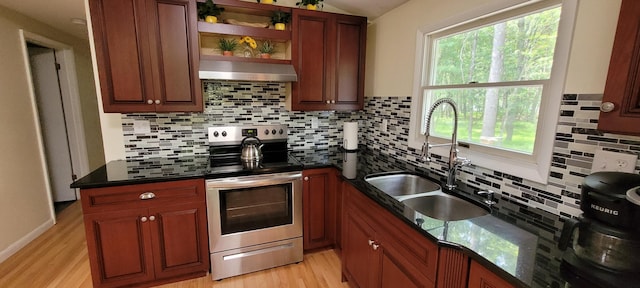 139 Eliot Ln, Albrightsville, PA 18210 - kitchen with electric range, under cabinet range hood, decorative backsplash, light wood finished floors, and vaulted ceiling