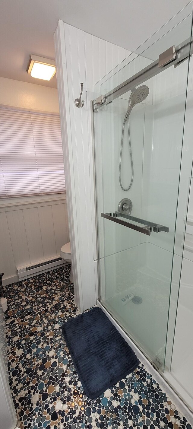 139 Eliot Ln, Albrightsville, PA 18210 - full bath featuring a baseboard heating unit and a shower stall