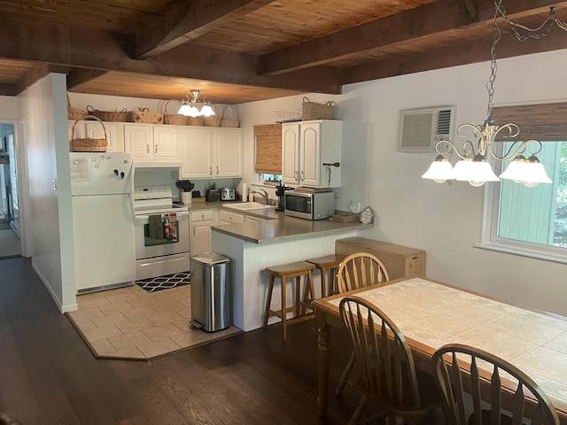 1515 Beech Spring Dr, Pocono Pines, PA 18350 - kitchen featuring white appliances, a chandelier, wood ceiling, beamed ceiling, and a peninsula