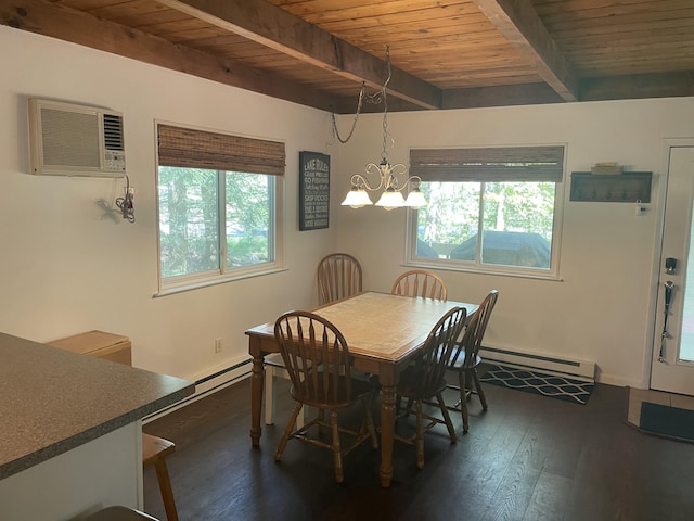 1515 Beech Spring Dr, Pocono Pines, PA 18350 - dining space featuring wooden ceiling, baseboard heating, beamed ceiling, dark wood-type flooring, and a chandelier