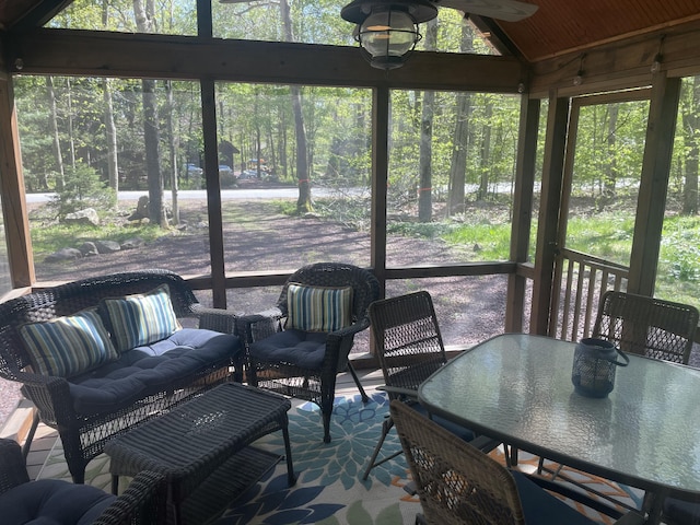 1515 Beech Spring Dr, Pocono Pines, PA 18350 - sunroom / solarium with lofted ceiling, a ceiling fan, outdoor dining area, and outdoor lounge area