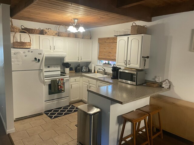 1515 Beech Spring Dr, Pocono Pines, PA 18350 - kitchen with white appliances, a sink, a peninsula, wood ceiling, and white cabinets