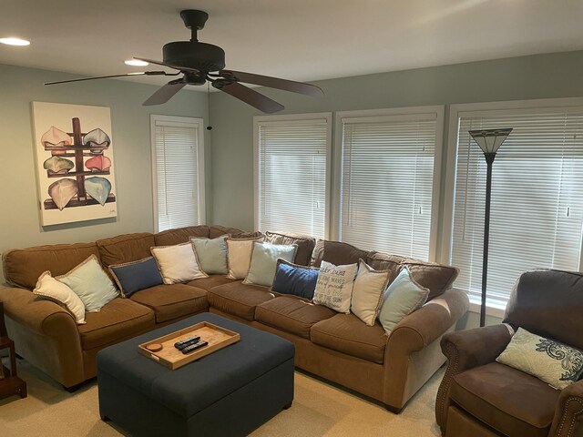 1515 Beech Spring Dr, Pocono Pines, PA 18350 - living room featuring ceiling fan, light colored carpet, and recessed lighting
