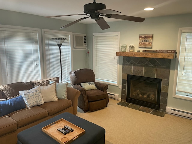 1515 Beech Spring Dr, Pocono Pines, PA 18350 - carpeted living area featuring baseboard heating, a tiled fireplace, recessed lighting, a ceiling fan, and a wall mounted AC