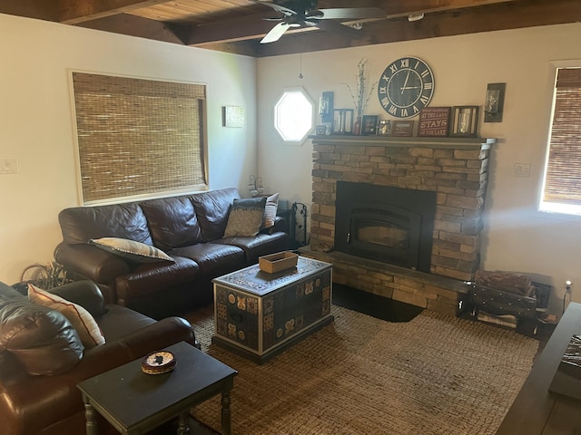 1515 Beech Spring Dr, Pocono Pines, PA 18350 - living room with ceiling fan, beam ceiling, and a glass covered fireplace