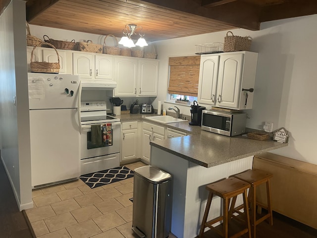 1515 Beech Spring Dr, Pocono Pines, PA 18350 - kitchen with white appliances, a peninsula, wooden ceiling, under cabinet range hood, and white cabinets
