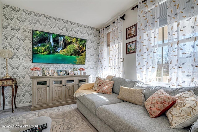 living room featuring wallpapered walls