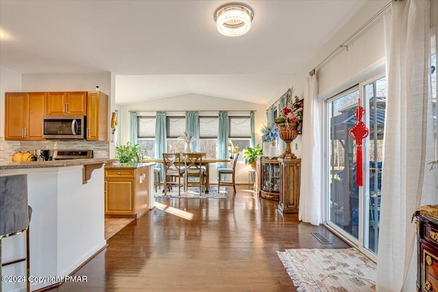 kitchen featuring vaulted ceiling, dark wood-style flooring, stainless steel microwave, and a wealth of natural light