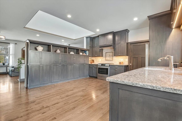 115 Ridgewood Ln, Hawley, PA 18428 - kitchen with stainless steel range, a sink, open shelves, decorative backsplash, and light wood-style flooring