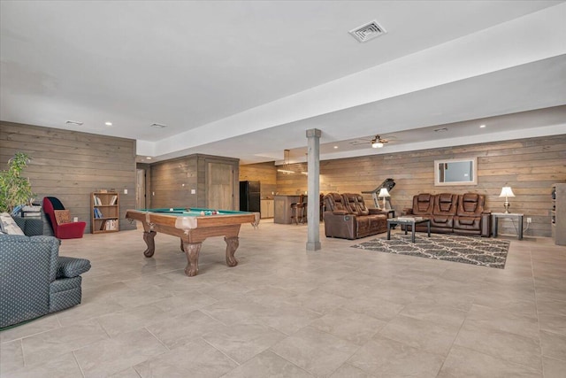 115 Ridgewood Ln, Hawley, PA 18428 - game room featuring wood walls, pool table, recessed lighting, and a ceiling fan