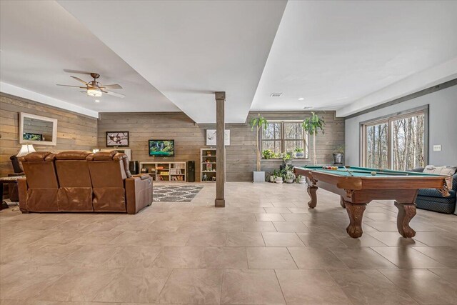 115 Ridgewood Ln, Hawley, PA 18428 - rec room with wood walls, billiards, and ceiling fan