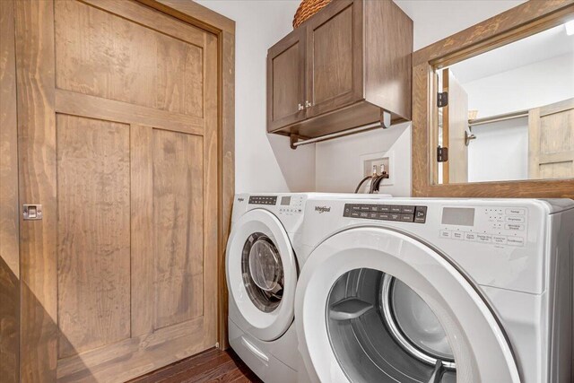 115 Ridgewood Ln, Hawley, PA 18428 - laundry area with cabinet space, washer and clothes dryer, and dark wood-type flooring