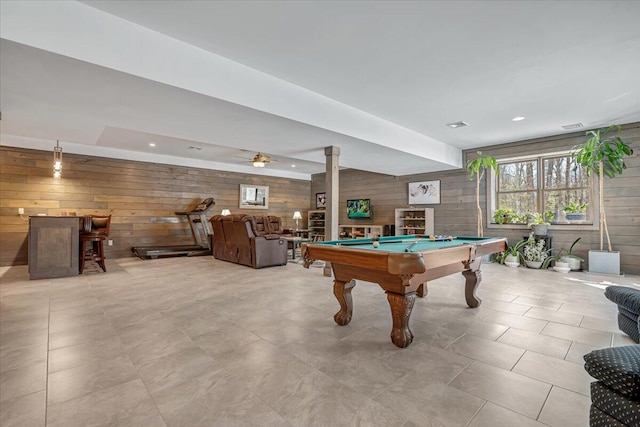 115 Ridgewood Ln, Hawley, PA 18428 - playroom with wooden walls, billiards, a ceiling fan, and recessed lighting